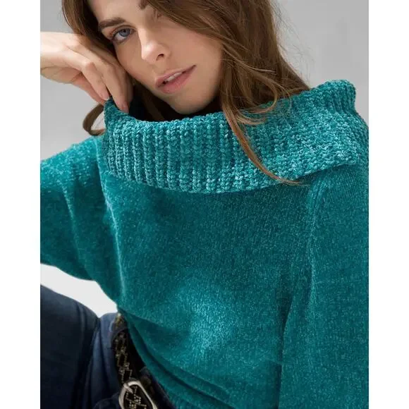 WHBM Teal Green Long Sleeve Cowl Neck Chenille Pullover Size Small NWT - Picture 3 of 9